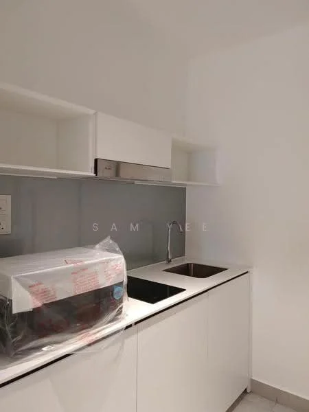 Kitchen features: white cabinetry, black countertop, single-bowl stainless-steel sink, chrome pull-down faucet, built-in kitchen hood, microwave, grey backsplash, under-cabinet lighting; style: modern.