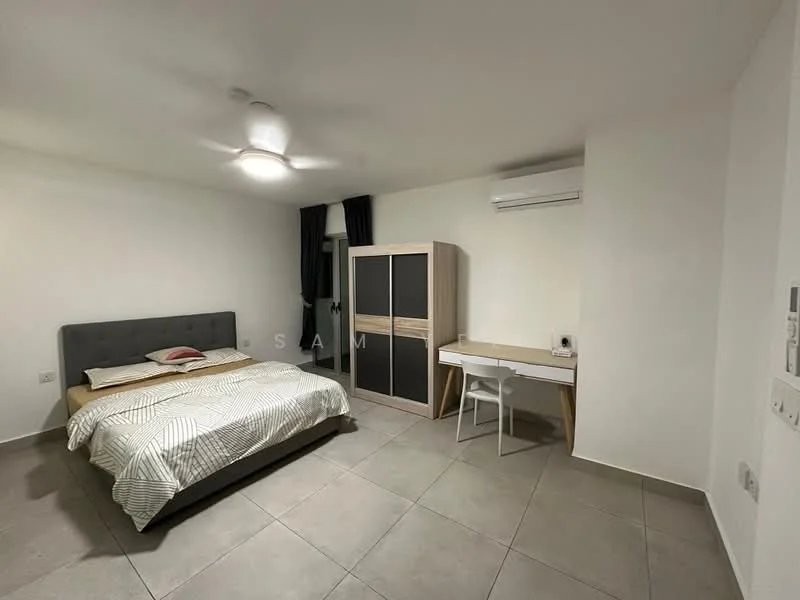 Bedroom features: king-size bed with grey upholstered headboard, white bedding with striped pattern, 2 bedside pillows, ceiling fan with light, built-in wardrobe with wood and white finish, study desk with white surface, white chair, wall-mounted air conditioning unit, grey tiled flooring, white painted walls, blackout curtains; style: modern.