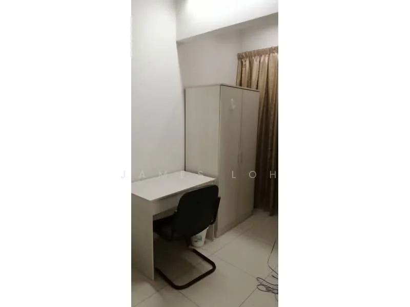 Study features: white walls, tile flooring, desk with white surface, black office chair, built-in wardrobe, curtains in beige, single light fixture, power outlet visible; style: modern.