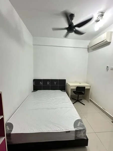 Bedroom features: white painted walls, tile flooring, 5-blade ceiling fan, wall-mounted split AC, single bed frame, desk with chair, no bedding, minimalist decor; style: modern.
