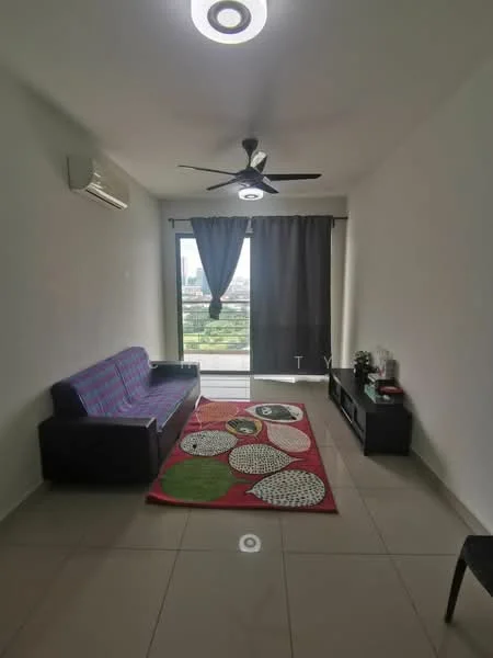 Living features: 3-seater fabric sofa in dark blue, ceiling fan with integrated LED light, floor-to-ceiling window, black TV console, area rug with circular patterns, white painted walls, light-colored tile flooring, curtains in dark grey; style: modern; view: city.