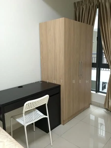 Room features: light-coloured wooden wardrobe, black desk, white plastic chair, floor-to-ceiling window, cream curtains, glossy tile flooring; style: modern.
