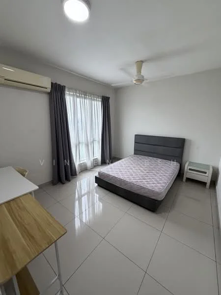 Bedroom features: queen-size bed, upholstered headboard, white walls, grey curtains, floor-to-ceiling window, tile flooring, ceiling fan, air conditioning unit, study desk, nightstand; style: modern.