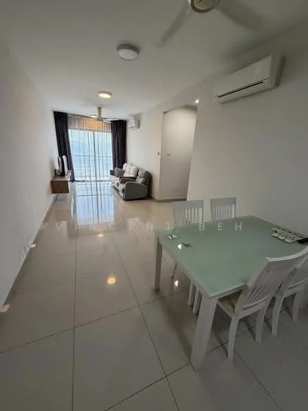 Living features: 3-seater fabric sofa in grey, coffee table, wall-mounted TV, floor-to-ceiling windows, sheer curtains, 2 wall-mounted split ACs, recessed downlights, polished ceramic tile flooring, white painted walls, ceiling fan; style: modern; view: city. Dining features: 6-seater dining table with white chairs; style: modern.