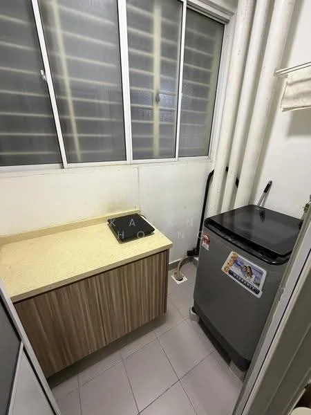 Laundry features: grey top-loading washing machine, wooden cabinetry, yellow laminate countertop, white tiled walls, white tiled flooring, large window with horizontal blinds.