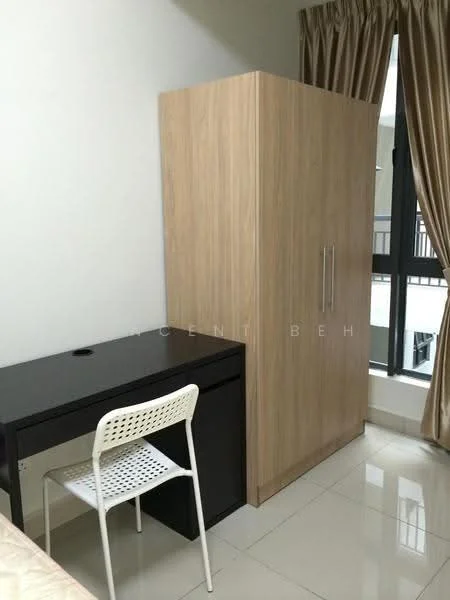 Room features: wooden wardrobe, black desk, white chair, floor-to-ceiling window, beige curtains, glossy tile flooring, neutral wall color; style: modern.
