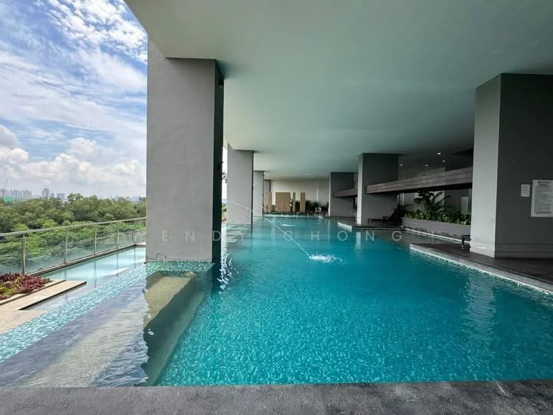 Exterior type: swimming pool deck; features: infinity pool, pool deck with loungers, glass railing, landscaped garden area, water feature, surrounding greenery, urban skyline view, modern architectural design; style: modern.