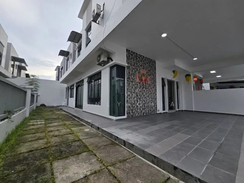 Exterior type: linked terrace house; features: white painted facade, stone cladding feature wall, flat roof, approximately 2-storey, manicured lawn, paved walkway, multiple air conditioning units visible, large windows, outdoor lighting, open patio area; style: modern.