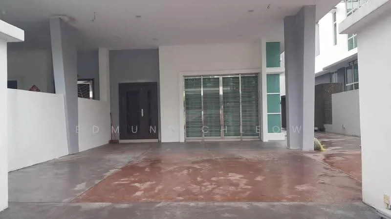 Exterior features: concrete flooring, covered car porch, glass sliding doors, white painted facade, grey accent wall, open space, manicured landscaping, modern architectural design; style: modern.
