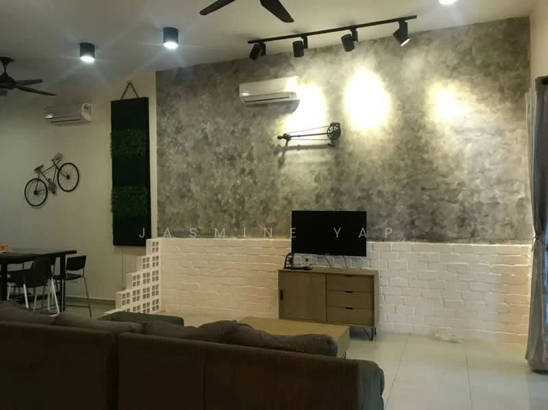 Living features: grey accent wall, white brick feature wall, wall-mounted TV, wooden TV console, 3-seater fabric sofa in grey, ceiling fan, 2 wall-mounted split AC units, recessed LED downlights, decorative bicycle on wall, dining table with chairs visible in background, light-colored tile flooring, curtains on windows; style: modern.