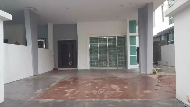 Exterior features: concrete flooring, white painted walls, large glass sliding doors, covered porch area, grey accent wall, open layout, exposed concrete, no visible landscaping; style: modern.
