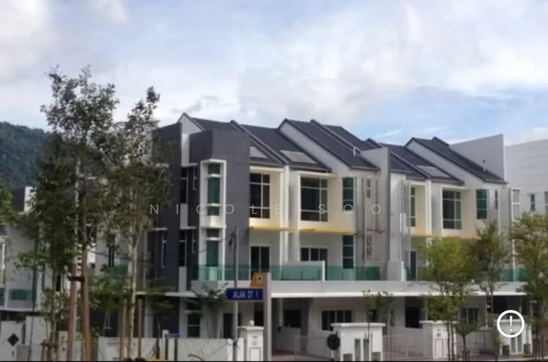 Exterior type: linked terrace house; features: grey painted facade, white painted facade, balconies with glass railings, pitched tile roof, two-storey building, manicured landscaping, mature trees, driveway, front porch, modern architectural design; style: modern.
