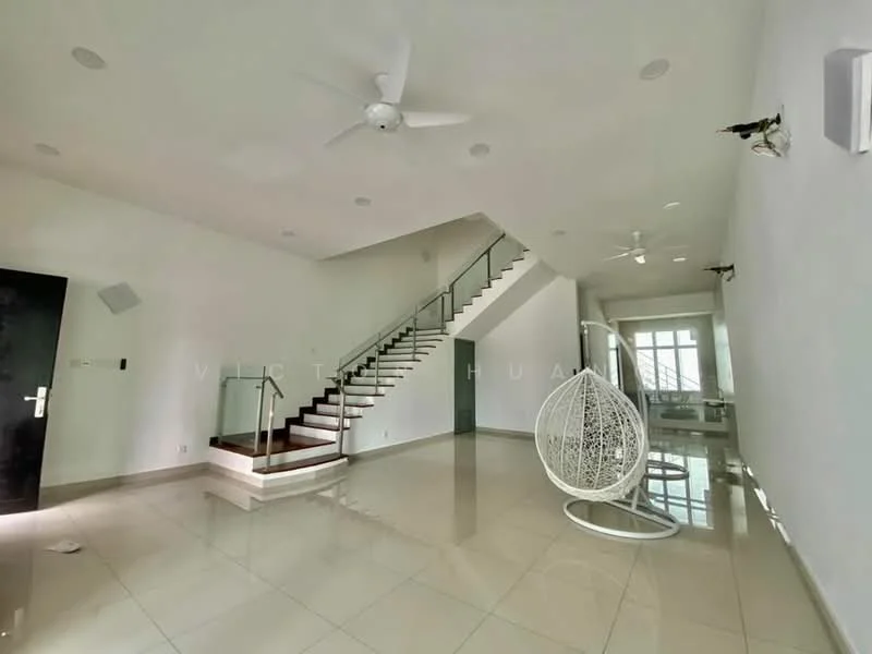 Living features: white painted walls, glossy ceramic tile flooring, 5-blade ceiling fan, 2 ceiling-mounted spotlights, staircase with wooden steps and glass railing, hanging rattan chair, large windows providing natural light, open layout, recessed ceiling lights; style: modern.