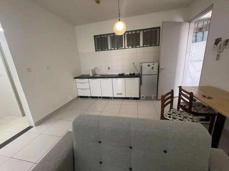 Kitchen features: white tiled walls, white cabinetry, black countertop, stainless-steel sink, 4-burner gas hob, built-in oven, refrigerator, pendant light, tile flooring, window with metal grilles, dining table with chairs; style: modern. Room features: white painted walls, tile flooring.