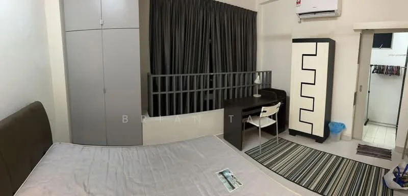 Bedroom features: queen-size bed, grey upholstered headboard, built-in wardrobe with sliding doors, desk with chair, floor-to-ceiling window, blackout curtains, air conditioning unit, striped area rug, white waste bin, decorative wall panel, open closet space; style: modern.