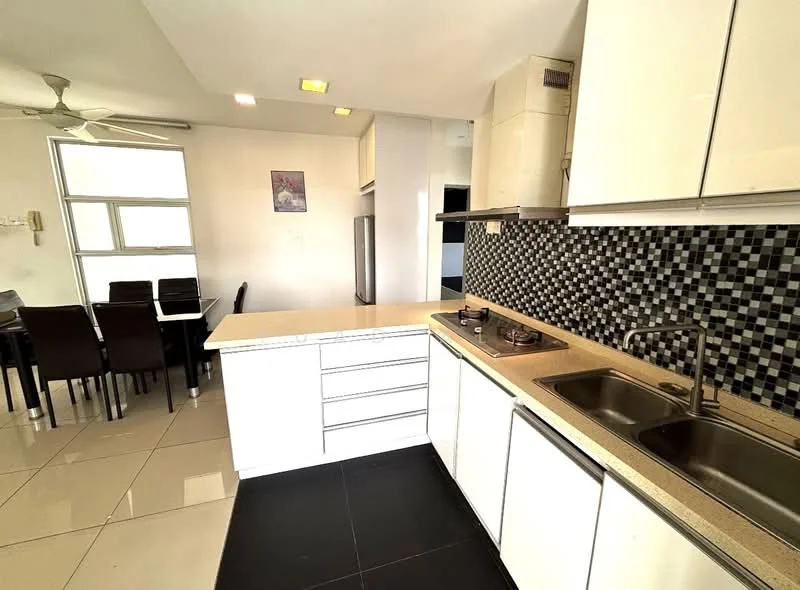 Kitchen features: white cabinetry, granite countertop, double-bowl stainless-steel sink, chrome pull-down faucet, 4-burner gas hob, built-in oven, black and white mosaic tile backsplash, ceramic tile flooring, recessed downlights, ceiling fan; style: modern. Dining features: 6-seater dining table, upholstered dining chairs; style: modern.