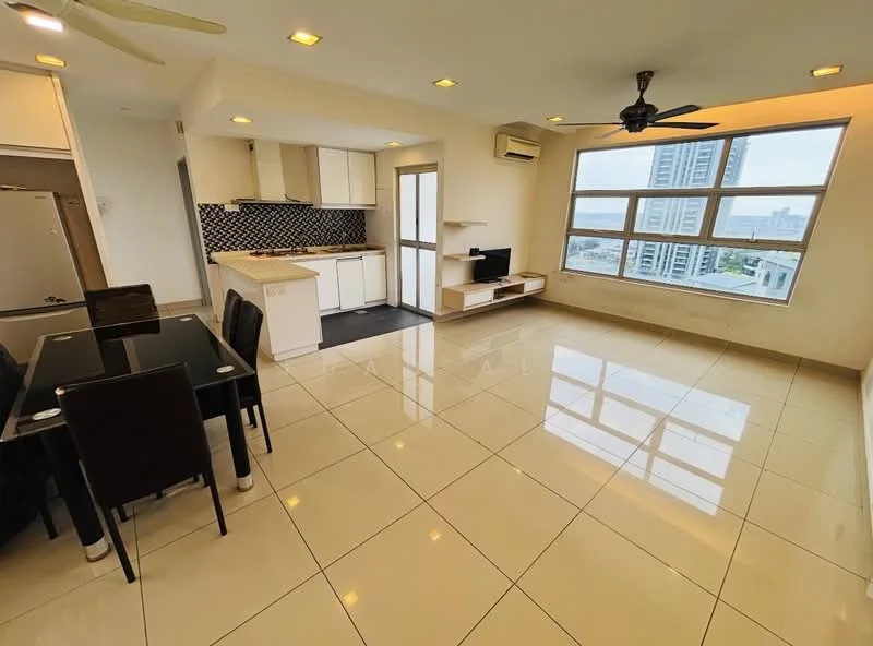 Living features: glossy ceramic tile flooring, white painted walls, tray ceiling with recessed lighting, 5-blade ceiling fan with light, floor-to-ceiling windows, city view, wall-mounted TV, open layout to kitchen and dining area, light-colored cabinetry, black and white patterned backsplash, dining table with black chairs; style: modern; view: city. Kitchen features: white cabinetry, black and white patterned backsplash, stainless-steel fridge, built-in oven, ceramic tile flooring; style: modern.