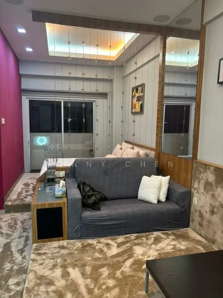 Living features: grey fabric sofa, wooden coffee table, decorative wall mirror, pink accent wall, white ceiling with recessed lighting, floor-to-ceiling windows, curtains, carpet flooring with abstract pattern, wall-mounted artwork, decorative hanging elements; style: modern.