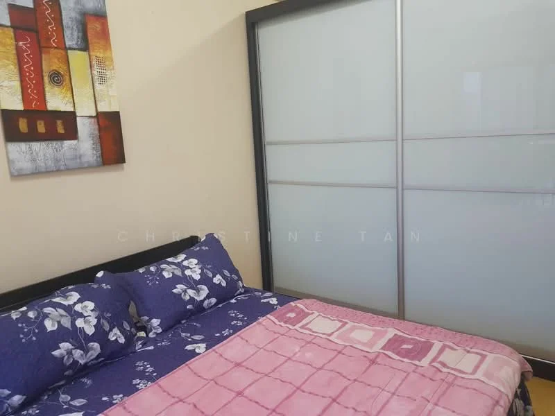 Bedroom features: queen-size bed with floral bedding, upholstered headboard, sliding glass wardrobe, framed artwork on wall, cream painted walls, wooden flooring, decorative throw pillows; style: modern.