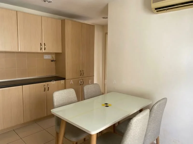 Dining features: light wood cabinetry, white countertop, 4-seater dining table, grey upholstered dining chairs, cream tiled flooring, wall-mounted air conditioning unit, neutral painted walls, kitchenette area with sink; style: modern.