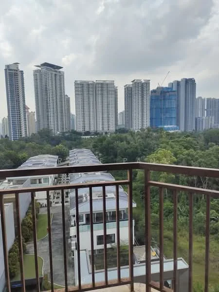 Balcony features: metal railing, concrete flooring, view of city skyline, view of greenery, attached to living room, overlooking residential area, partially covered, access from sliding glass door; view: city.