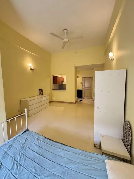 Bedroom features: light yellow painted walls, ceiling fan, wall-mounted TV, built-in wardrobe, single bed frame, bedside table, laminate flooring, two wall sconces, window with natural light, open space layout; style: minimalist.