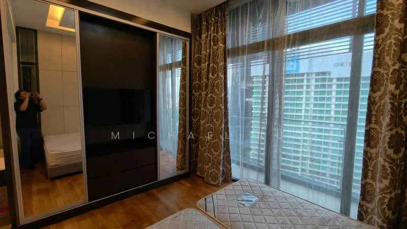 Bedroom features: floor-to-ceiling windows, sheer curtains, wooden flooring, built-in wardrobe with mirrored doors, wall-mounted TV, queen-size bed, decorative wall with patterned wallpaper, nightstand, bedside lamp; style: modern; view: city.