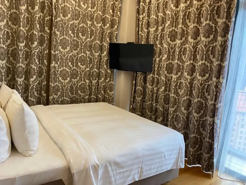 Bedroom features: queen-size bed with white bedding, upholstered headboard, wall-mounted TV, brown patterned curtains, wooden flooring, nightstand, decorative pillows, window with sheer curtains; style: modern.