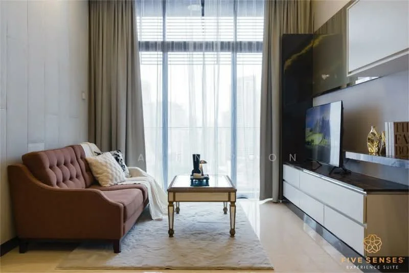 Living features: 3-seater fabric sofa in brown, coffee table with gold accents, area rug with neutral color, wall-mounted TV, media console with white finish, floor-to-ceiling windows, sheer curtains, decorative throw pillows, wall art, light-colored walls, wooden flooring; style: modern; view: city.
