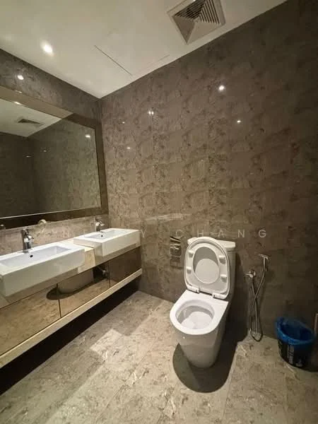Bathroom features: double-sink vanity with white cabinet, chrome basin mixer faucets, large framed mirror, one-piece toilet, bidet spray, marble tile walls, marble flooring, recessed downlights, wall-mounted storage, blue waste bin; style: modern.