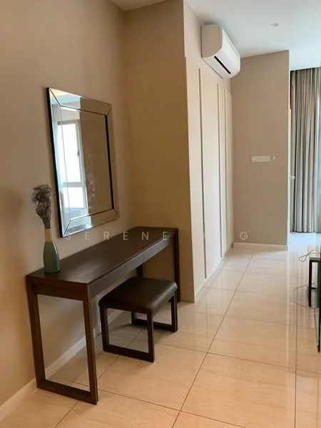 Room features: cream painted walls, glossy tile flooring, wall-mounted split AC, full-length mirror, wooden console table, upholstered stool, sheer curtains, natural light from window; style: modern.