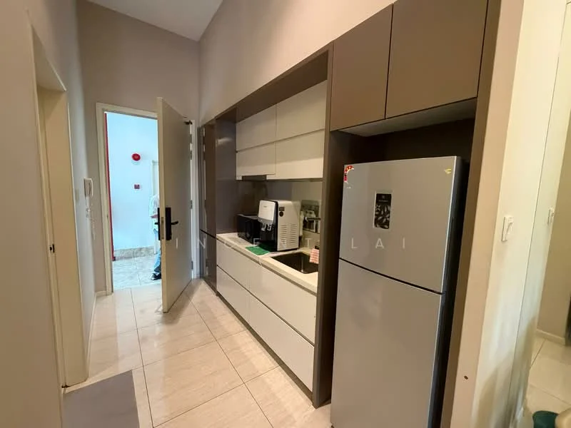 Kitchen features: white cabinetry with flat-panel design, black countertop, stainless-steel fridge, built-in microwave, coffee machine, single-bowl stainless-steel sink, chrome pull-down faucet, tile flooring, recessed downlights, open shelving, wall-mounted cabinets; style: modern. Room features: light-colored walls, door leading to hallway, tile flooring.