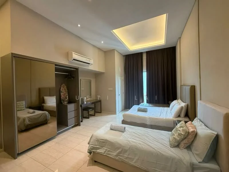 Bedroom features: two single beds with upholstered headboards, bedding in light blue, decorative pillows, built-in wardrobe with mirrored doors, wooden dresser with drawers, floor-to-ceiling window with sheer curtains, recessed ceiling with LED lighting, wall-mounted air conditioning unit, cream painted walls, tile flooring; style: modern.