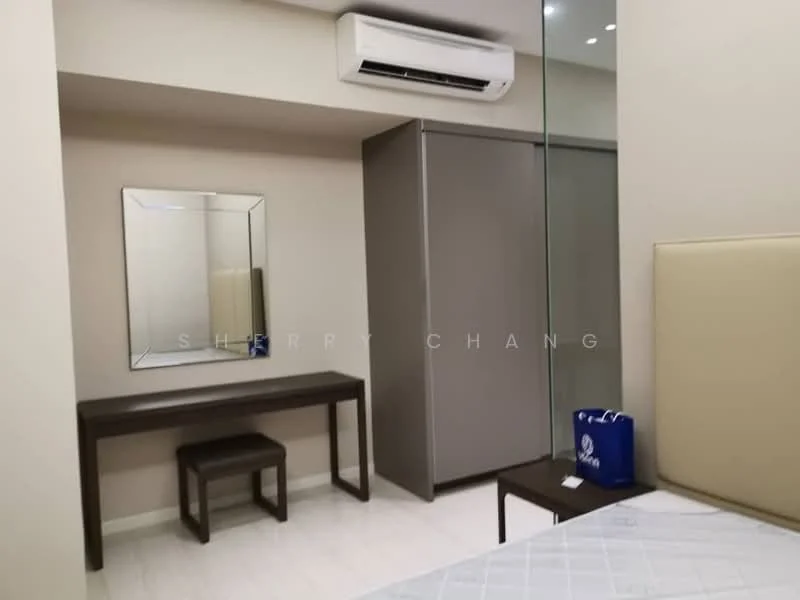 Bedroom features: light-colored painted walls, white ceiling, wooden flooring, wall-mounted split AC, large mirror, built-in wardrobe, dressing table with stool, bedside table, decorative bag on floor; style: modern.