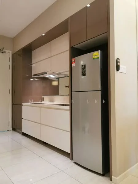 Kitchen features: white cabinetry, brown upper cabinets, stainless-steel fridge, built-in oven, stainless-steel range hood, single-bowl stainless-steel sink, chrome pull-down faucet, countertop with backsplash, ceramic tile flooring, recessed downlights; style: modern.