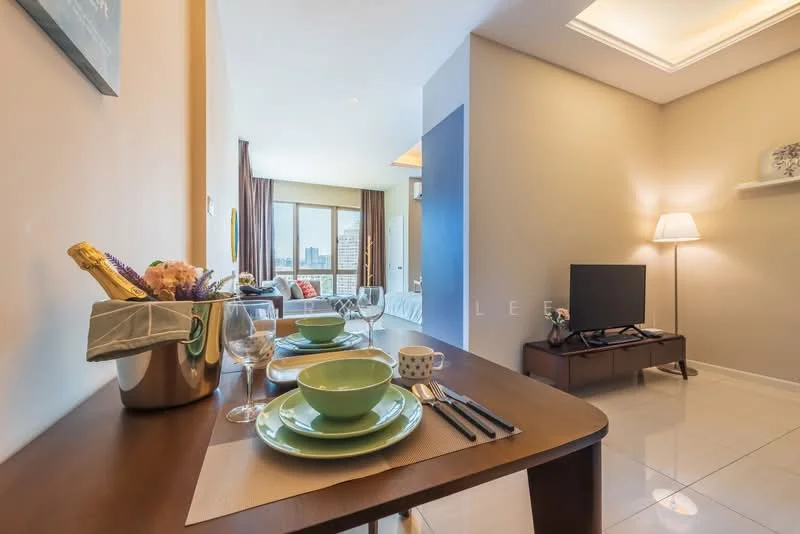 Living features: dining table with four chairs, green ceramic plates, wine glasses, champagne bucket, lampshade floor lamp, wall-mounted TV, sofa in background, large windows with city view, neutral painted walls, recessed ceiling lights, glossy tile flooring; style: modern; view: city.