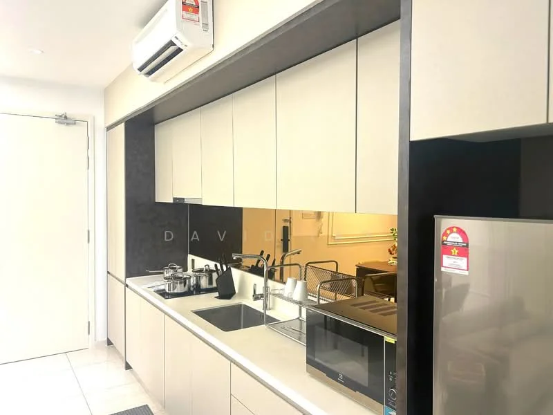 Kitchen features: light beige cabinetry, black countertop, stainless-steel sink, chrome pull-down faucet, built-in microwave, stainless-steel fridge, ceramic tile flooring, wall-mounted split AC, glass backsplash, kitchen utensils on countertop, induction cooktop, open shelving; style: modern.