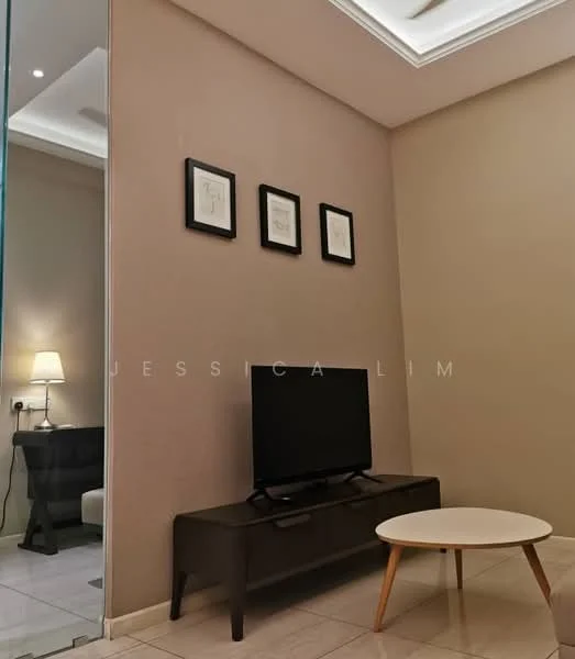 Living features: white painted walls, recessed ceiling with lighting, tile flooring, black TV console, flat-screen TV, round coffee table, framed artwork on walls, side table with lamp; style: modern.
