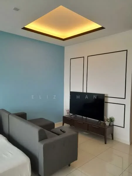 Living features: grey fabric sofa, dark wood TV console, wall-mounted TV, cream tiled flooring, blue painted accent wall, white walls with black geometric accents, recessed ceiling with warm LED lighting, decorative plants on console; style: modern.