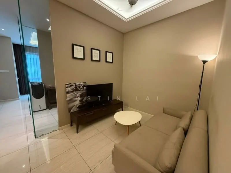 Living features: light beige painted walls, white ceiling with recessed lighting, large window with sheer curtains, 3-seater fabric sofa in light grey, wooden coffee table, TV console in dark wood, wall-mounted flat-screen TV, floor-to-ceiling glass partition, tile flooring in light color, standing lamp, decorative wall art; style: modern.