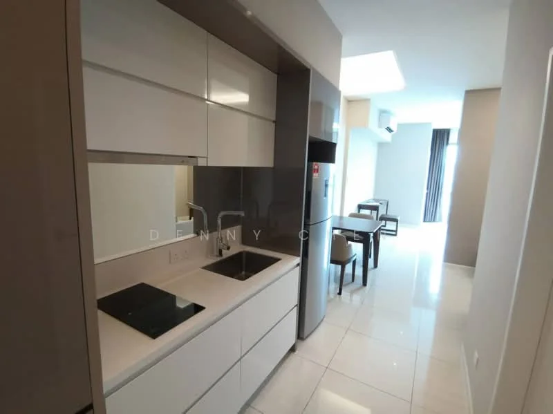 Kitchen features: white cabinetry, grey countertop, single-bowl stainless-steel sink, chrome pull-down faucet, built-in induction hob, built-in oven, stainless-steel fridge, white tiled backsplash, recessed downlights, glossy tile flooring; style: modern. Dining features: 4-seater dining table, black dining chairs; style: modern.