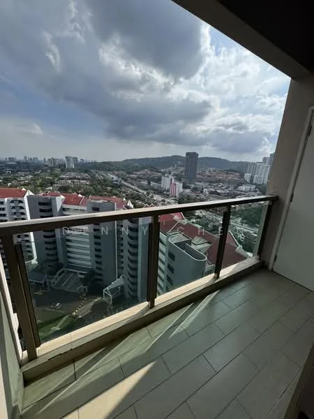 Balcony features: glass railing, tile flooring, city view, mountain view, overlooking residential area, partially covered, access from living room, spacious layout; style: modern; view: city.