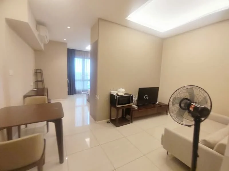 Living features: cream painted walls, white ceiling with recessed lighting, glossy tile flooring, sofa in light color, wooden coffee table, TV console, wall-mounted TV, standing fan, dining table with chairs, floor-to-ceiling windows with sheer curtains; style: modern; view: city.
