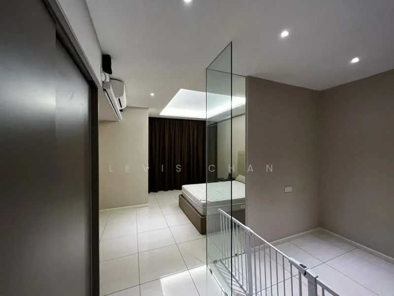 Bedroom features: white painted walls, tile flooring, recessed downlights, built-in wardrobe, queen-size bed base, floor-to-ceiling mirror, curtains, wall-mounted split AC; style: modern.