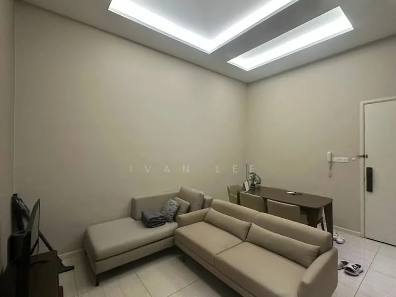 Living features: light-colored sectional sofa, dining table with chairs, white tiled flooring, recessed ceiling lights, plain white walls, floor-to-ceiling windows, TV console, minimalist decor; style: modern.