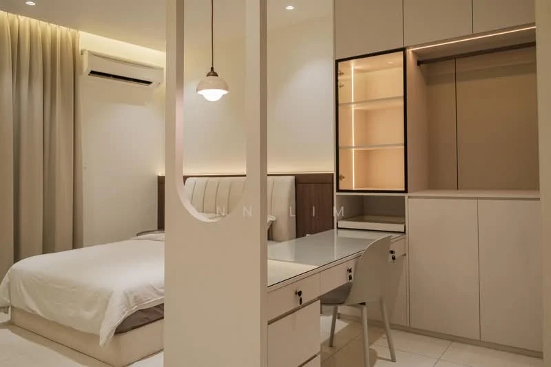 Bedroom features: queen-size bed with white bedding, upholstered headboard, built-in wardrobe with integrated lighting, study desk with chair, wall-mounted air conditioning unit, recessed lighting, cream curtains, white tiled flooring; style: modern.