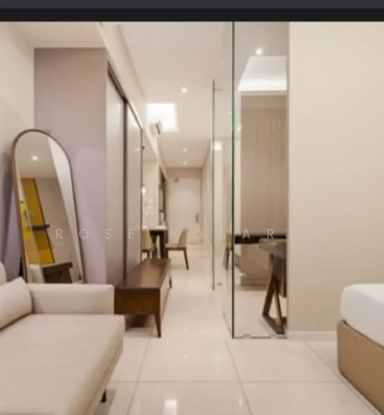Room features: sofa in light beige fabric, full-length mirror, glass partition, wooden side table, desk with chair, recessed downlights, white painted walls, tile flooring, air conditioning unit, curtains, decorative wall paneling; style: modern.
