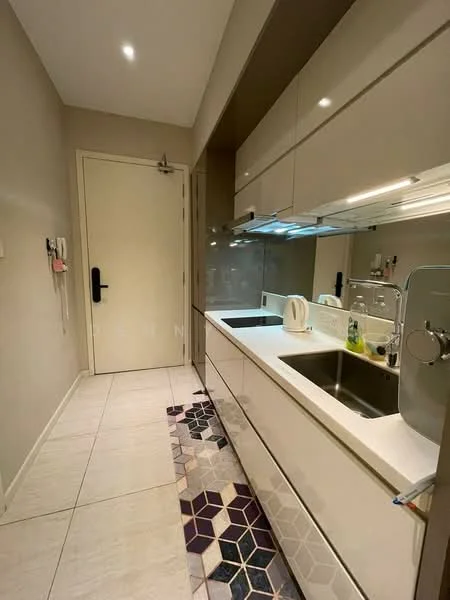 Kitchen features: white glossy cabinetry, white countertop, single-bowl stainless-steel sink, chrome pull-down faucet, built-in oven, stainless-steel kettle, ceramic tile flooring, hexagonal patterned backsplash, recessed downlights, wall-mounted cabinet, door leading to hallway, wall-mounted storage hooks; style: modern.