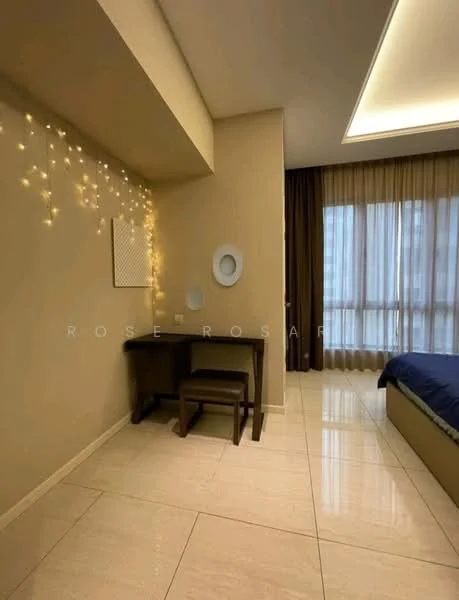 Bedroom features: cream painted walls, glossy tile flooring, floor-to-ceiling windows, sheer curtains, dark blue bedding, wooden desk, wooden chair, decorative wall art, LED fairy lights, recessed ceiling lights; style: modern; view: city.