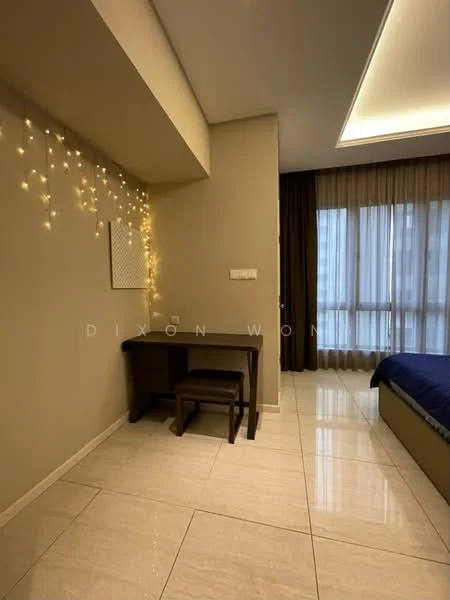 Bedroom features: cream painted walls, white ceiling, recessed downlights, floor-to-ceiling windows, sheer curtains, dark blue bedspread, tile flooring, decorative fairy lights, wooden desk, wooden chair; style: modern.